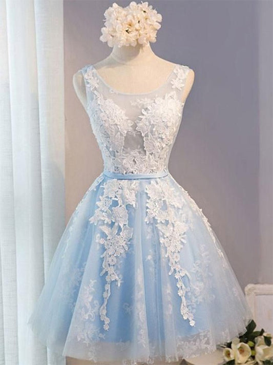A-Line/Princess Tulle Applique Scoop Sleeveless Short/Mini Homecoming Dresses