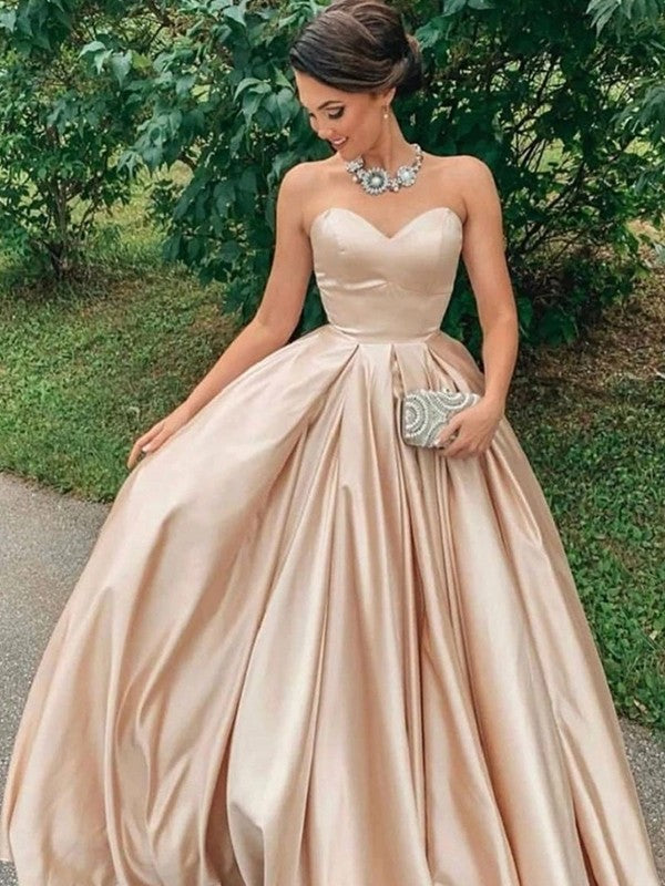 A-Line/Princess Floor-Length Sweetheart Sleeveless Satin Ruffles Dresses