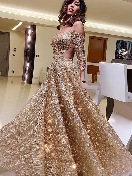 A-Line/Princess Off-the-Shoulder Long Sleeves Sequins Ruffles Floor-Length Dresses