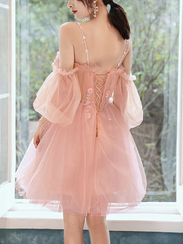 A-Line/Princess Tulle Beading Spaghetti Straps 1/2 Sleeves Short/Mini Dresses