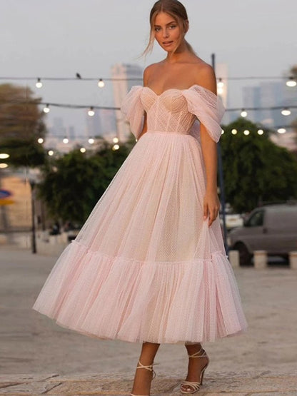 A-Line/Princess Tulle Ruffles Off-the-Shoulder Sleeveless Tea-Length Dresses