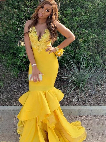 Trumpet/Mermaid Stretch Crepe Applique V-neck Sleeveless Sweep/Brush Train Dresses