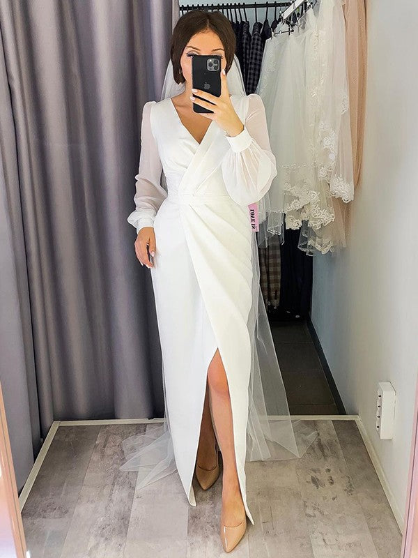 Sheath/Column Chiffon Ruched V-neck Long Sleeves Floor-Length Wedding Dresses