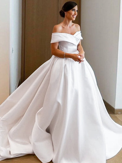 A-Line/Princess Satin Ruffles Off-the-Shoulder Sleeveless Chapel Train Wedding Dresses