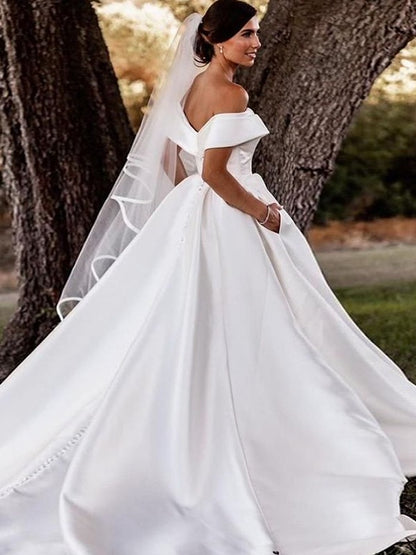 A-Line/Princess Satin Ruffles Off-the-Shoulder Sleeveless Chapel Train Wedding Dresses