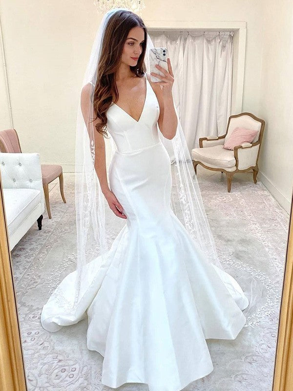 Trumpet/Mermaid Satin Ruffles V-neck Sleeveless Sweep/Brush Train Wedding Dresses