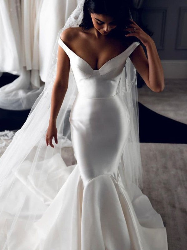 Trumpet/Mermaid Satin Ruffles Off-the-Shoulder Sleeveless Court Train Wedding Dresses