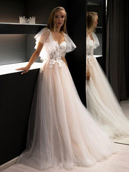 A-Line/Princess Tulle Applique Sweetheart Short Sleeves Sweep/Brush Train Wedding Dresses