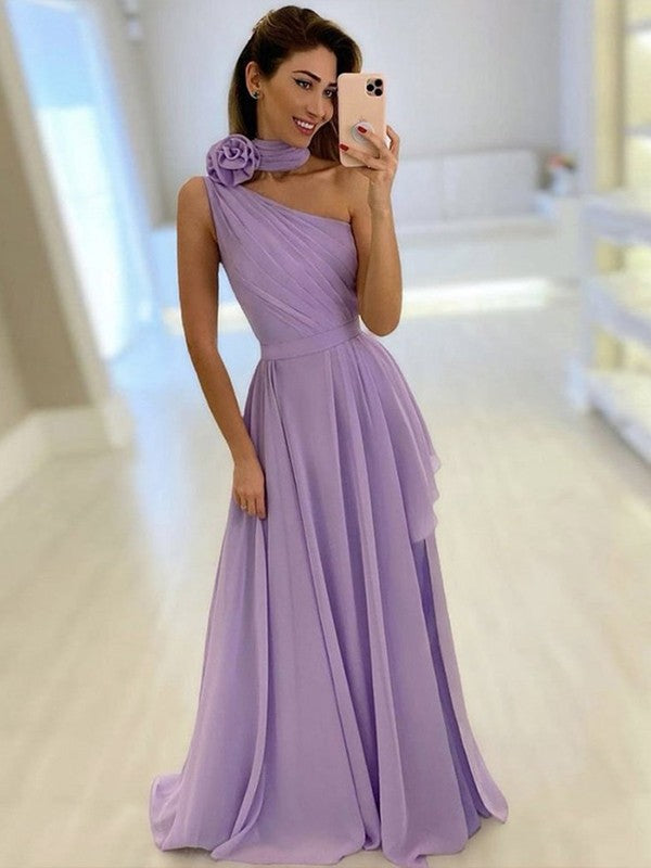 A-Line/Princess Chiffon Ruffles One-Shoulder Sleeveless Sweep/Brush Train Bridesmaid Dresses