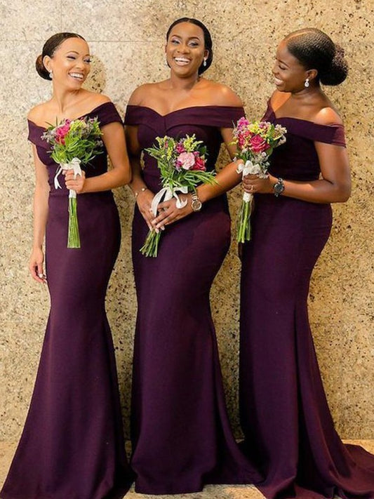 Sheath/Column Stretch Crepe Ruched Off-the-Shoulder Sleeveless Sweep/Brush Train Bridesmaid Dresses