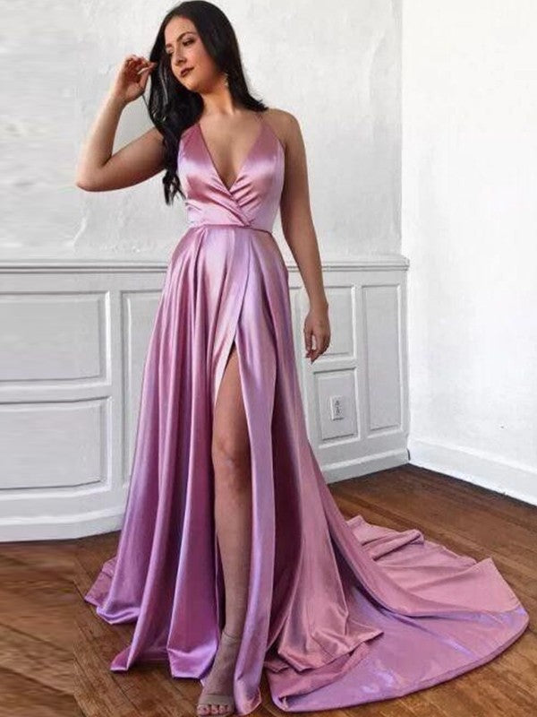 A-Line/Princess Silk like Satin Ruffles V-neck Sleeveless Sweep/Brush Train Dresses