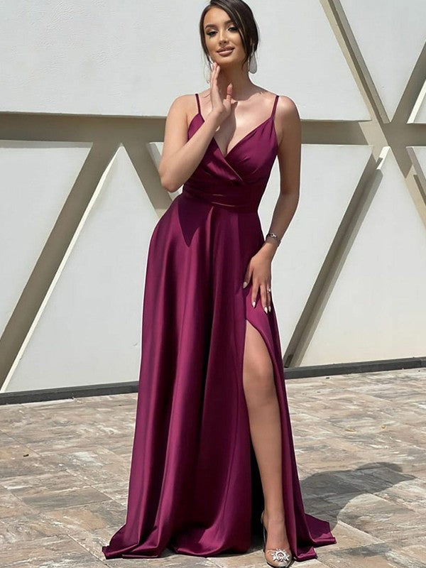 A-Line/Princess Elastic Woven Satin Ruffles V-neck Sleeveless Sweep/Brush Train Dresses