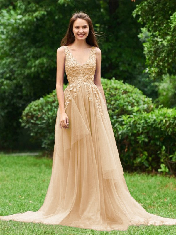 A-Line/Princess Tulle Applique V-neck Sleeveless Sweep/Brush Train Dresses