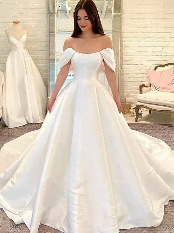 A-Line/Princess Satin Off-the-Shoulder Ruffles Short Sleeves Sweep/Brush Train Wedding Dresses