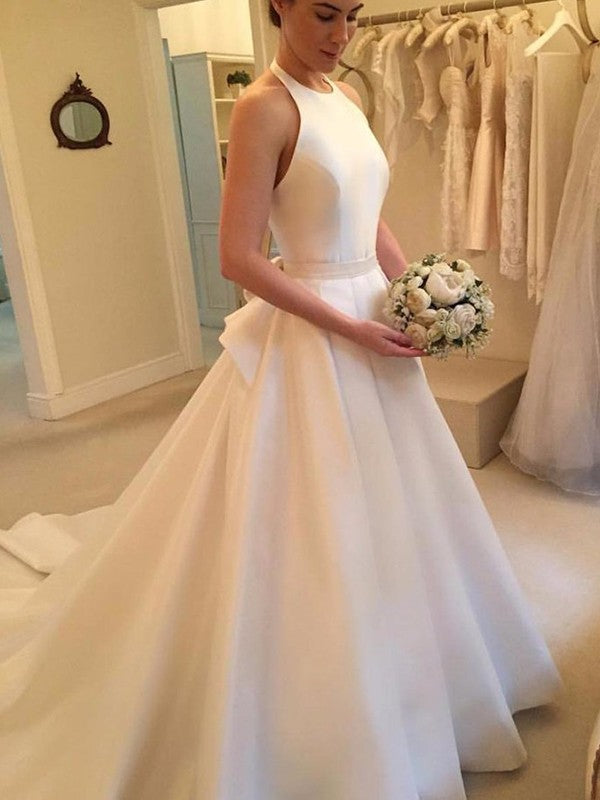 A-Line/Princess Satin Bowknot Halter Sleeveless Court Train Wedding Dresses