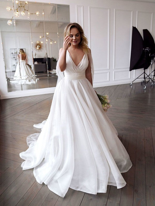 A-Line/Princess Organza Ruffles V-neck Sleeveless Sweep/Brush Train Wedding Dresses