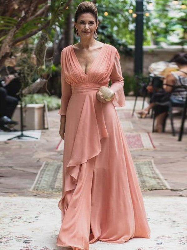 A-Line/Princess Chiffon Ruffles V-neck Long Sleeves Floor-Length Mother of the Bride Dresses