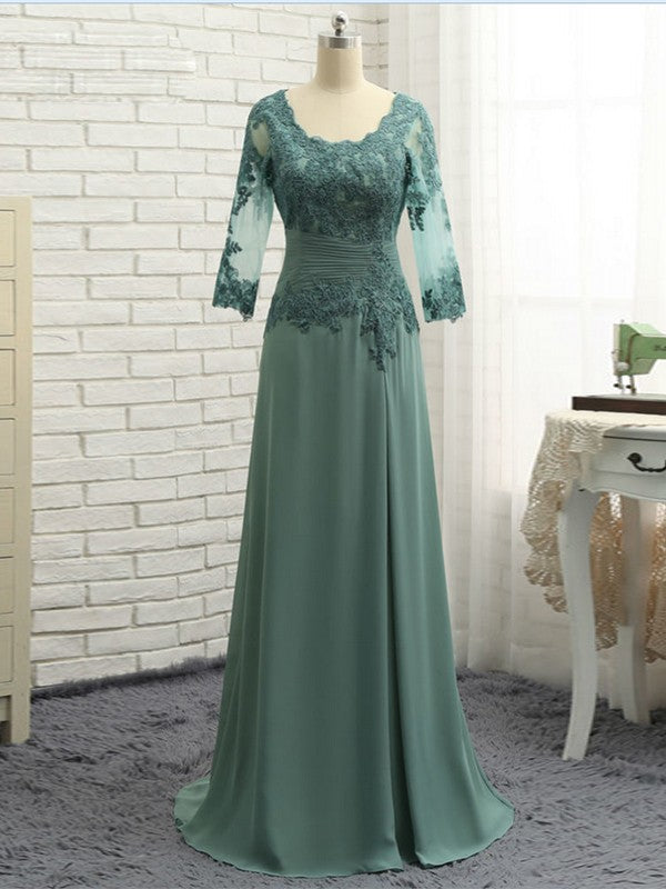 A-line/princess chiffon applique spoon 3/4 sleeve horizontal/brush trailing mother of the bride dress