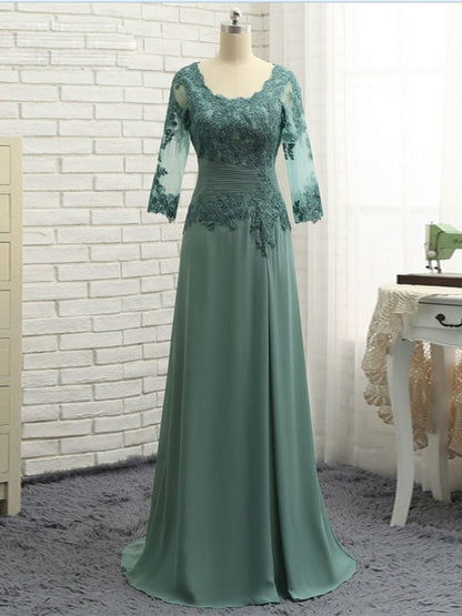 A-line/princess chiffon applique spoon 3/4 sleeve horizontal/brush trailing mother of the bride dress