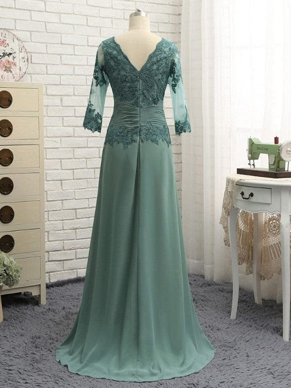 A-line/princess chiffon applique spoon 3/4 sleeve horizontal/brush trailing mother of the bride dress