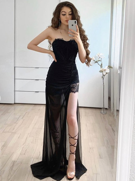 Sheath/Column Lace Applique Sweetheart Sleeveless Sweep/Brush Train Dresses