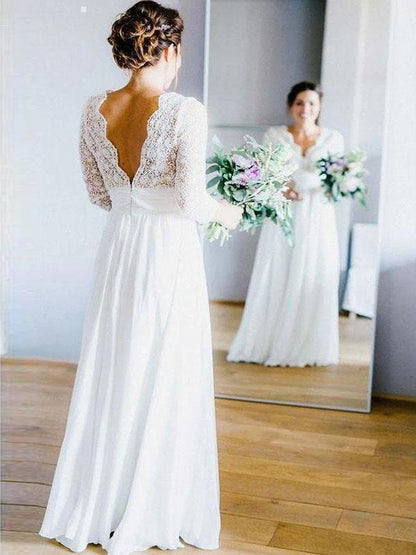 A-Line/Princess Chiffon Lace V-neck Long Sleeves Floor-Length Wedding Dresses