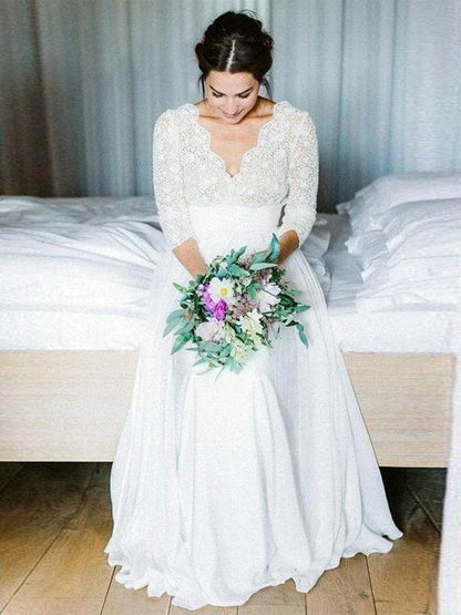 A-Line/Princess Chiffon Lace V-neck Long Sleeves Floor-Length Wedding Dresses