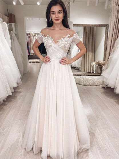 A-Line/Princess Tulle Lace Off-the-Shoulder Sleeveless Sweep/Brush Train Wedding Dresses