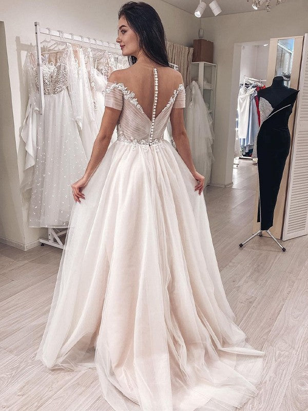 A-Line/Princess Tulle Lace Off-the-Shoulder Sleeveless Sweep/Brush Train Wedding Dresses