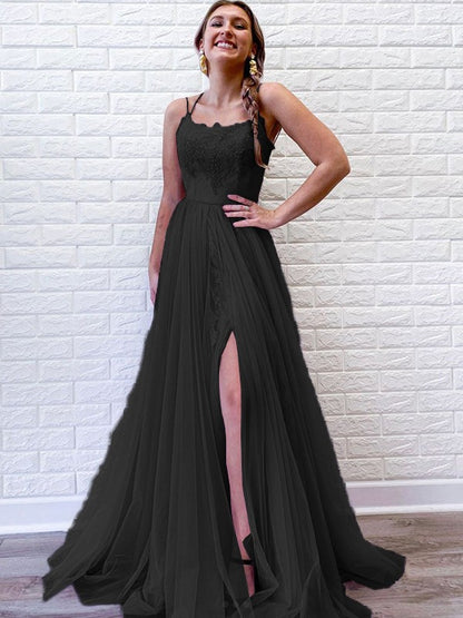 A-Line/Princess Tulle Lace Spaghetti Straps Sleeveless Sweep/Brush Train Dresses