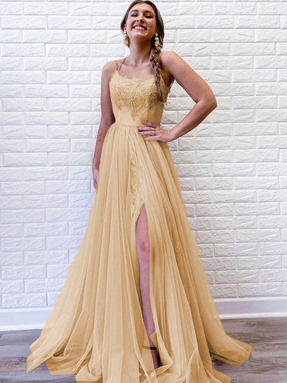 A-Line/Princess Tulle Lace Spaghetti Straps Sleeveless Sweep/Brush Train Dresses