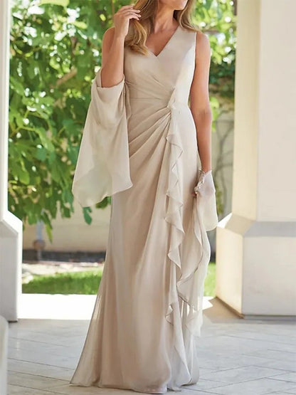 Tight fit/column chiffon pleated V-neck sleeveless and floor length mother of the bride dress