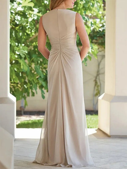 Tight fit/column chiffon pleated V-neck sleeveless and floor length mother of the bride dress