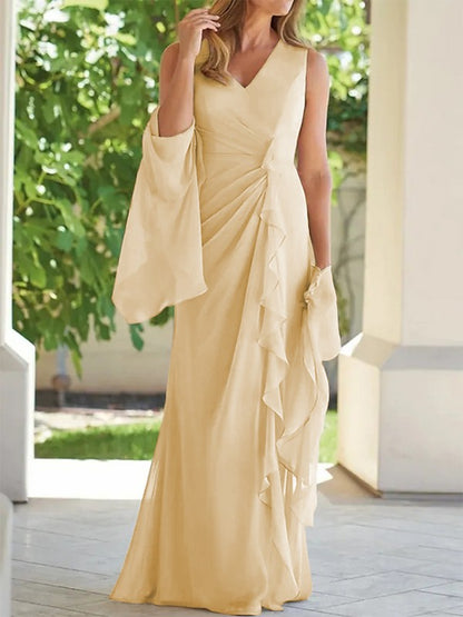 Tight fit/column chiffon pleated V-neck sleeveless and floor length mother of the bride dress