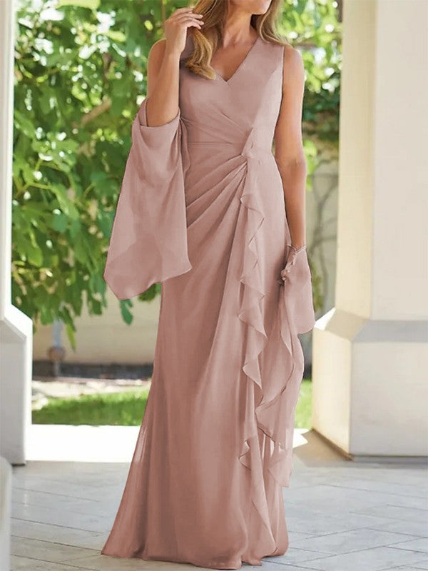 Tight fit/column chiffon pleated V-neck sleeveless and floor length mother of the bride dress