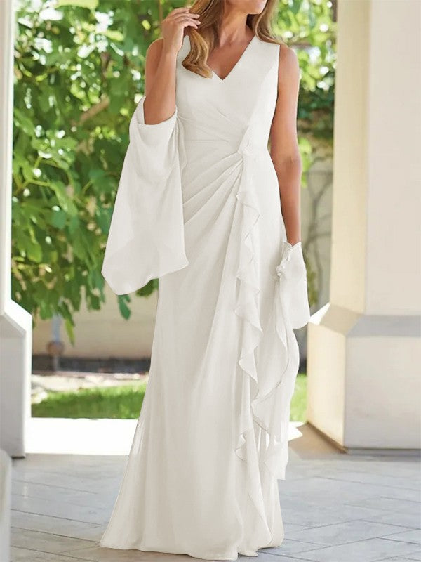 Tight fit/column chiffon pleated V-neck sleeveless and floor length mother of the bride dress