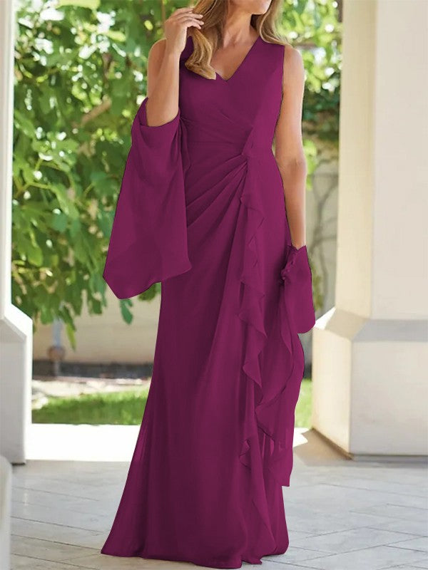 Tight fit/column chiffon pleated V-neck sleeveless and floor length mother of the bride dress