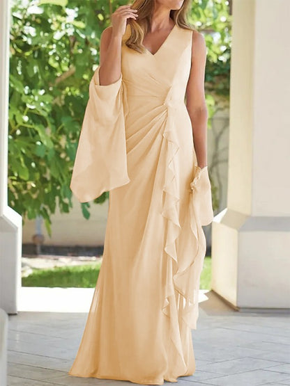 Tight fit/column chiffon pleated V-neck sleeveless and floor length mother of the bride dress