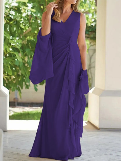 Tight fit/column chiffon pleated V-neck sleeveless and floor length mother of the bride dress