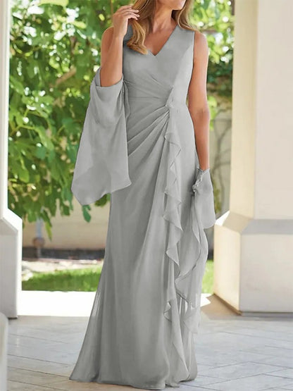 Tight fit/column chiffon pleated V-neck sleeveless and floor length mother of the bride dress