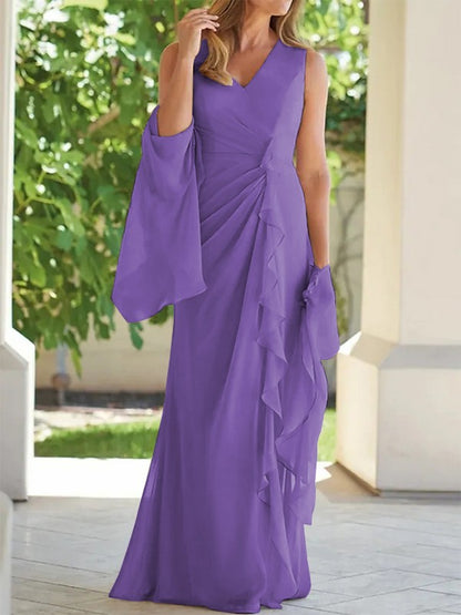 Tight fit/column chiffon pleated V-neck sleeveless and floor length mother of the bride dress