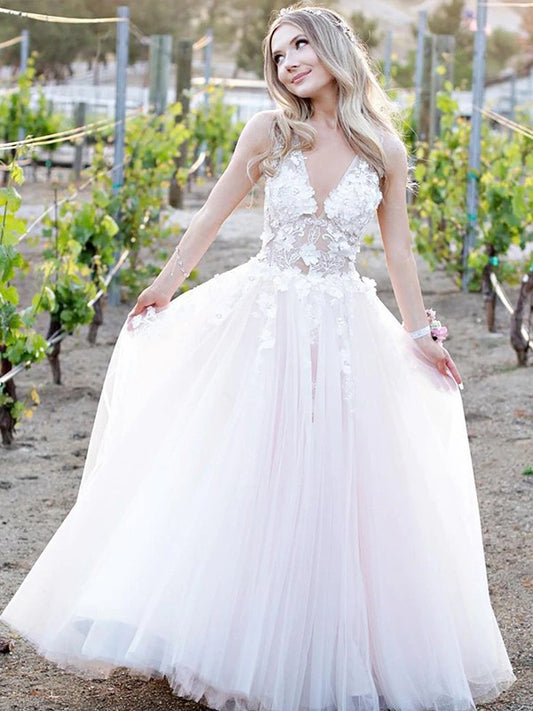 A-Line/Princess Tulle Applique V-neck Sleeveless Floor-Length Dresses