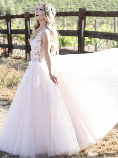 A-Line/Princess Tulle Applique V-neck Sleeveless Floor-Length Dresses