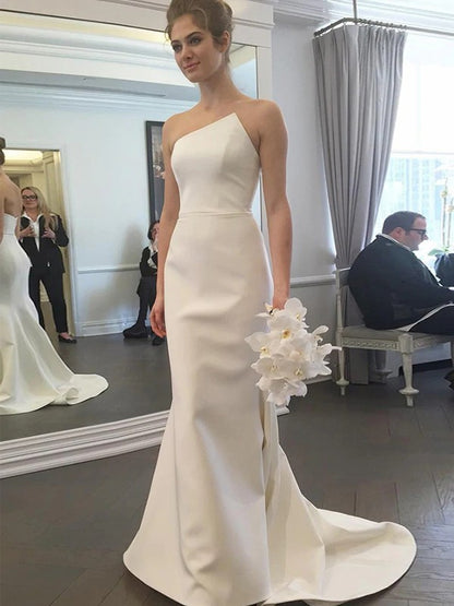 Sheath/Column Stretch Crepe Ruffles Strapless Sleeveless Sweep/Brush Train Wedding Dresses