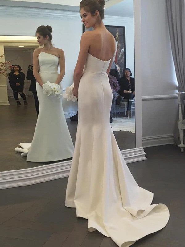 Sheath/Column Stretch Crepe Ruffles Strapless Sleeveless Sweep/Brush Train Wedding Dresses