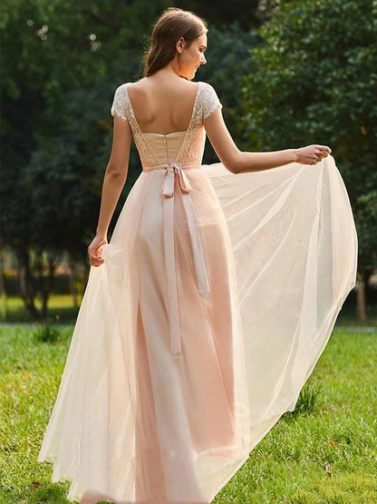 A-Line/Princess Tulle Lace Scoop Short Sleeves Floor-Length Bridesmaid Dresses