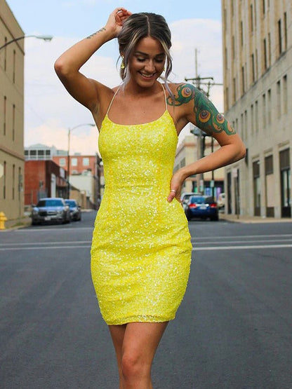 Sheath/Column Sequins Spaghetti Straps Sleeveless Short/Mini Dresses