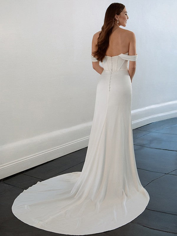 Sheath/Column Charmeuse Ruched Off-the-Shoulder Sleeveless Court Train Wedding Dresses