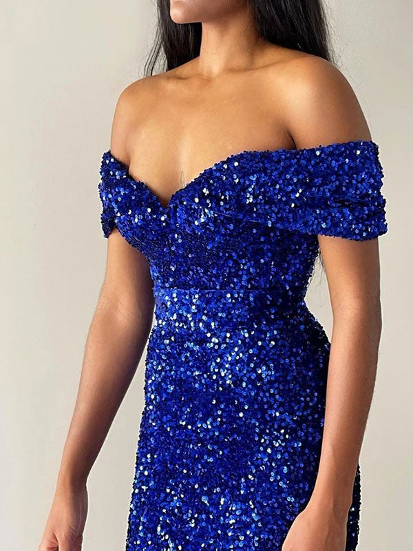 Trumpet/Mermaid Velvet Sequins Off-the-Shoulder Sleeveless Sweep/Brush Train Dresses