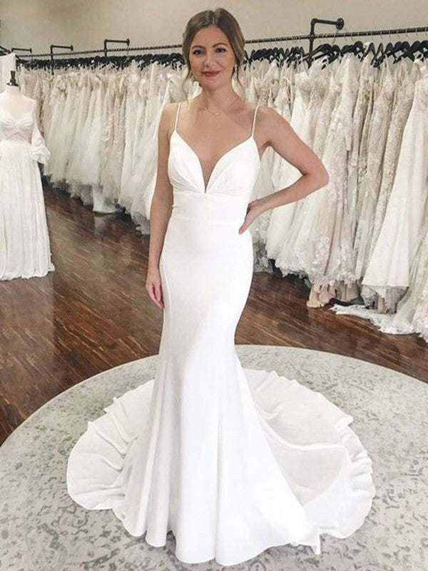 Sheath/Column Stretch Crepe Ruched V-neck Sleeveless Court Train Wedding Dresses